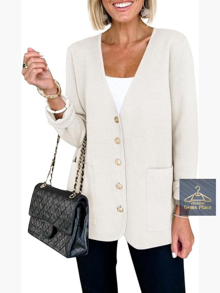 V Neck Cardigan Button Loose Knit Sweater Blazer Open Front With Pockets